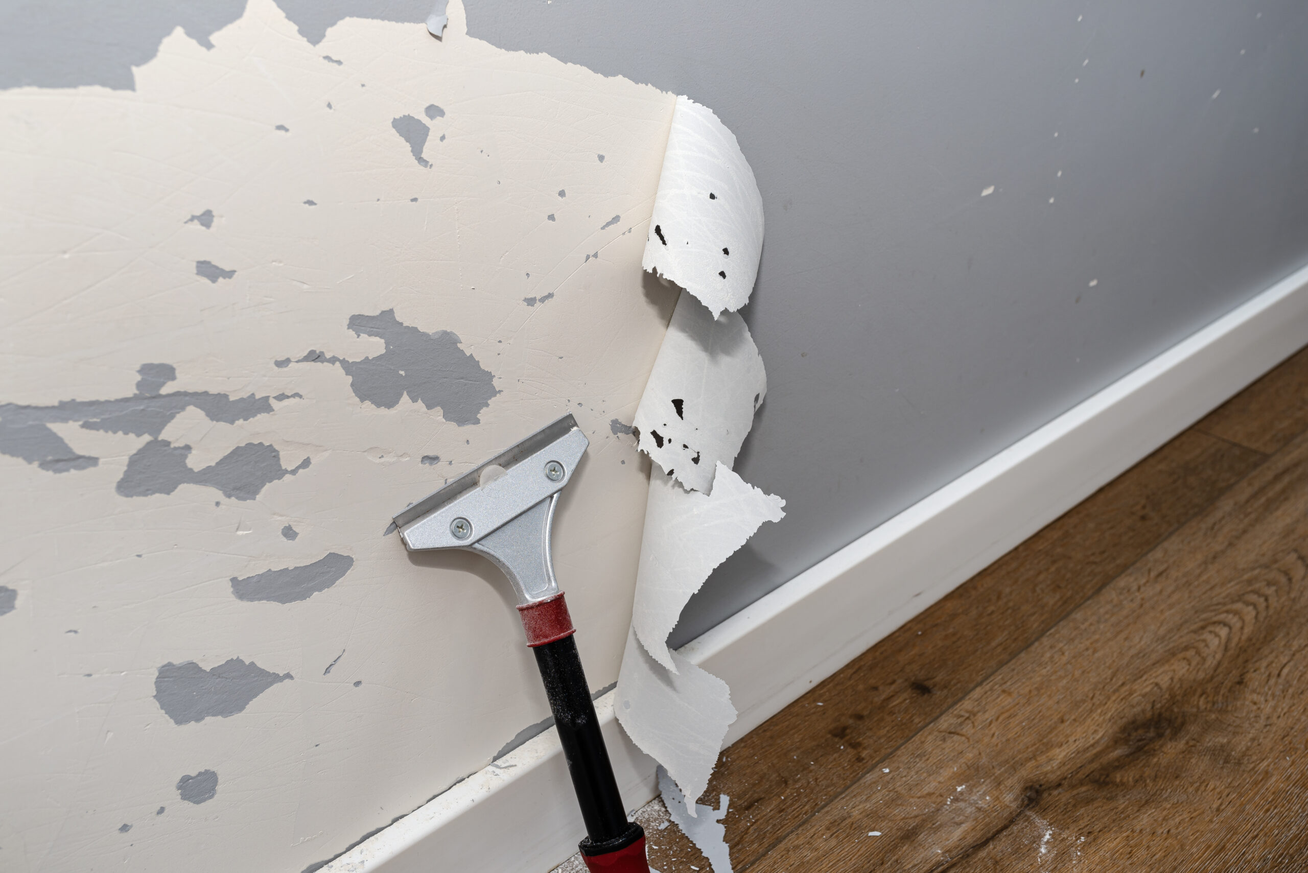 Removing Silicone Paint From A Wall Damaged By Dog Claws Using A Paint And Adhesives Scraper.